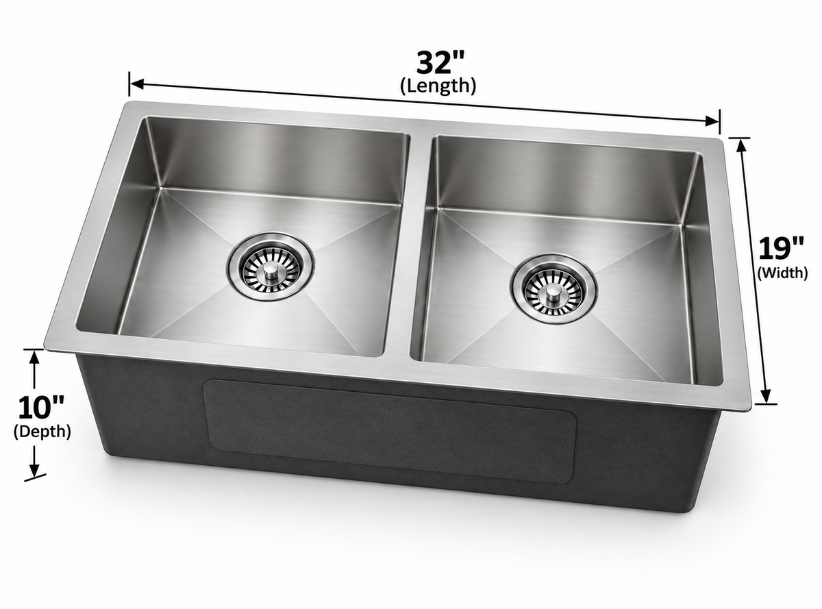 32 × 19 Inch Handmade Double Bowl Stainless Steel Kitchen Sink